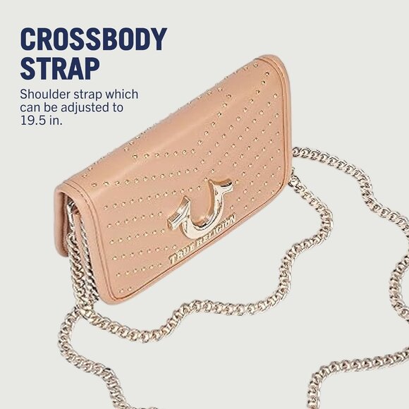 Camel Horseshoe Multi Stud Flap Crossbody Bag with Chain Strap & Quilted Chevron - Picture 4 of 6